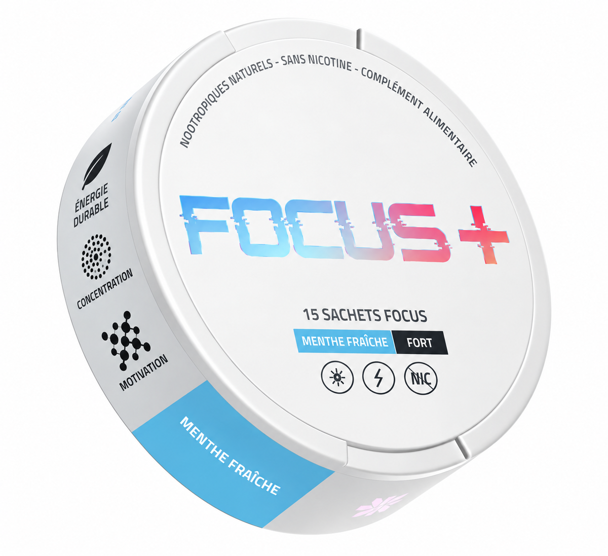 Packshot boîte FOCUS + Concentration — carré, détouré, fond transparent