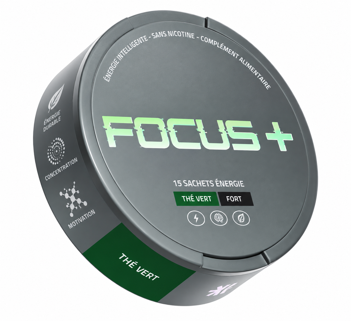 Packshot boîte FOCUS + Énergie — carré, détouré, fond transparent