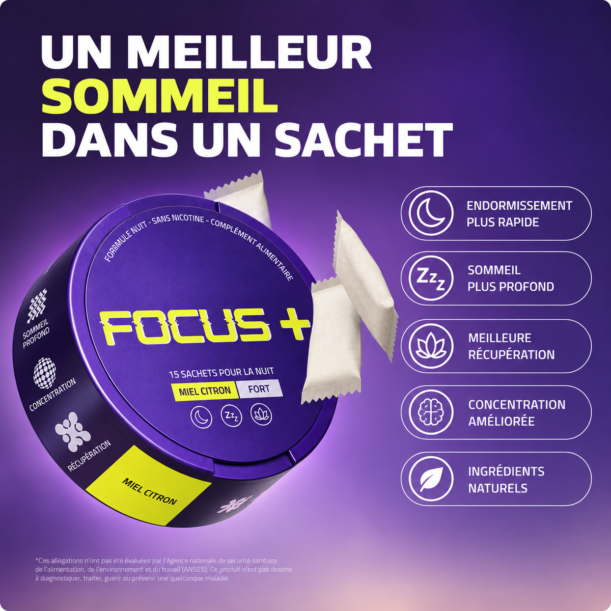 FOCUS+ – Sachets de Nuit Miel Citron Fort (15 sachets)